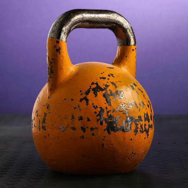 A single worn cast-iron kettlebell photographed alone against a plain coloured background